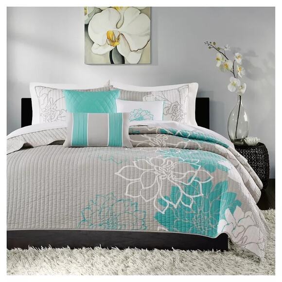 Madison  Park Reversible Floral 6 Piece Coverlet Set Aqua & Gray Full / Queen - Picture 2 of 9